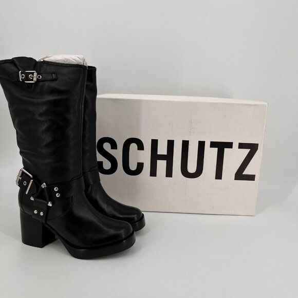 Schutz Kiara Block Heel Boots Size 8.5B Black Leather Square Toe Slip On - Picture 1 of 16